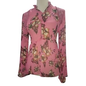 Self Esteem sheer Pink floral Ruffled Long Sleeve Blouse top M smocked lace